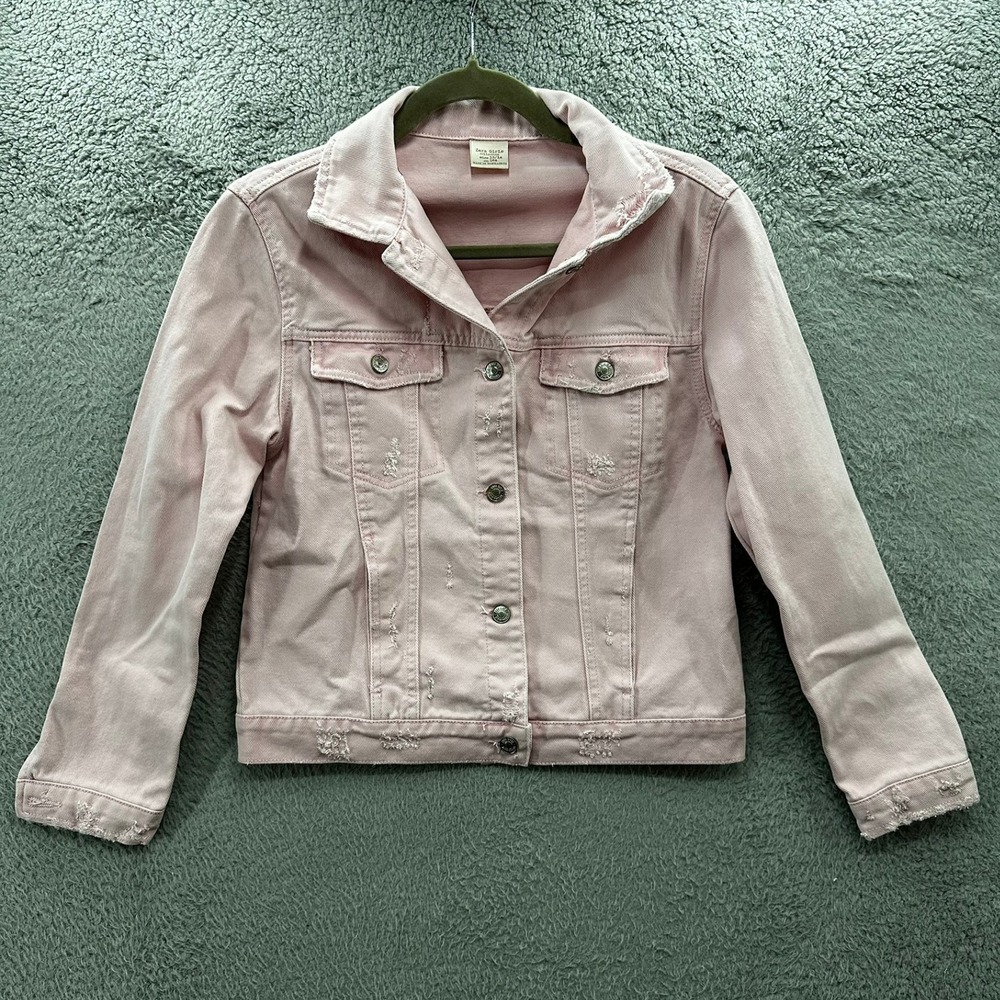 Zara Girls Size 13/14 Pink Distressed Denim Trucker Jacket Pink Cotton Casual